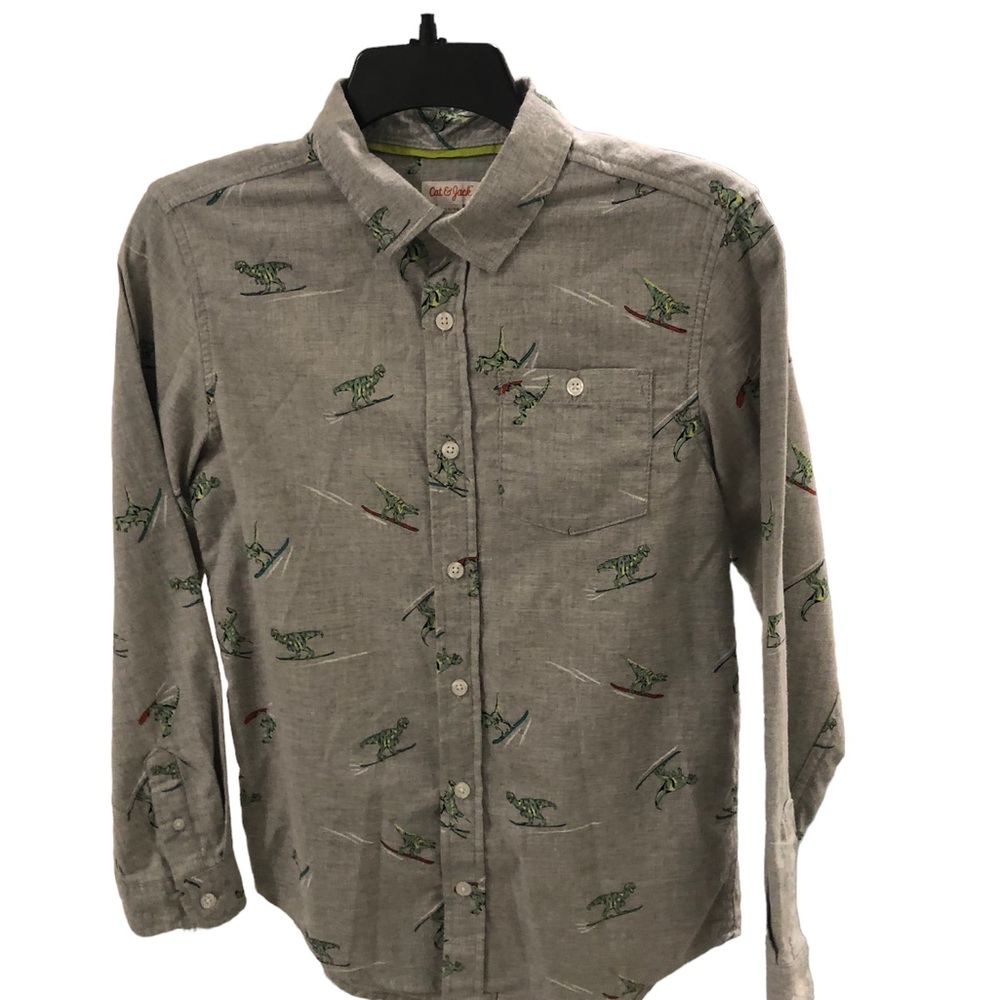 Cat & Jack Dinosaur Skiing Long Sleeve Button Down Shirt 100% Cotton, Size 12/14